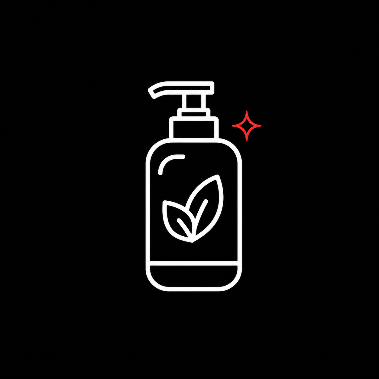 Neon icon of a liquid soap dispenser with a leaf symbol, on a black background, with a red sparkle to the right of the dispenser.