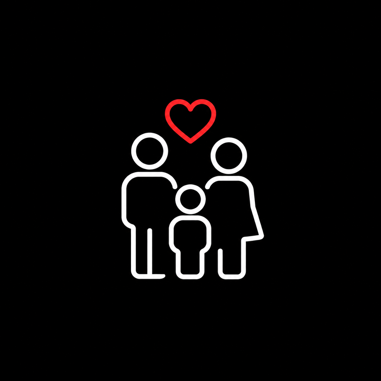Neon outline of a family with a heart above them on a black background.