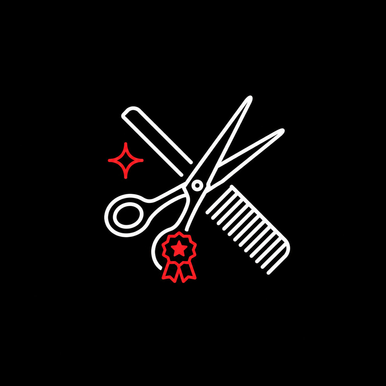 Line art illustration of scissors, a comb, and a ribbon badge with stars, against a black background, with sparkles