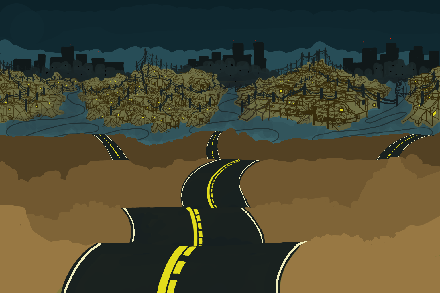 Long road into the distance going to three cities