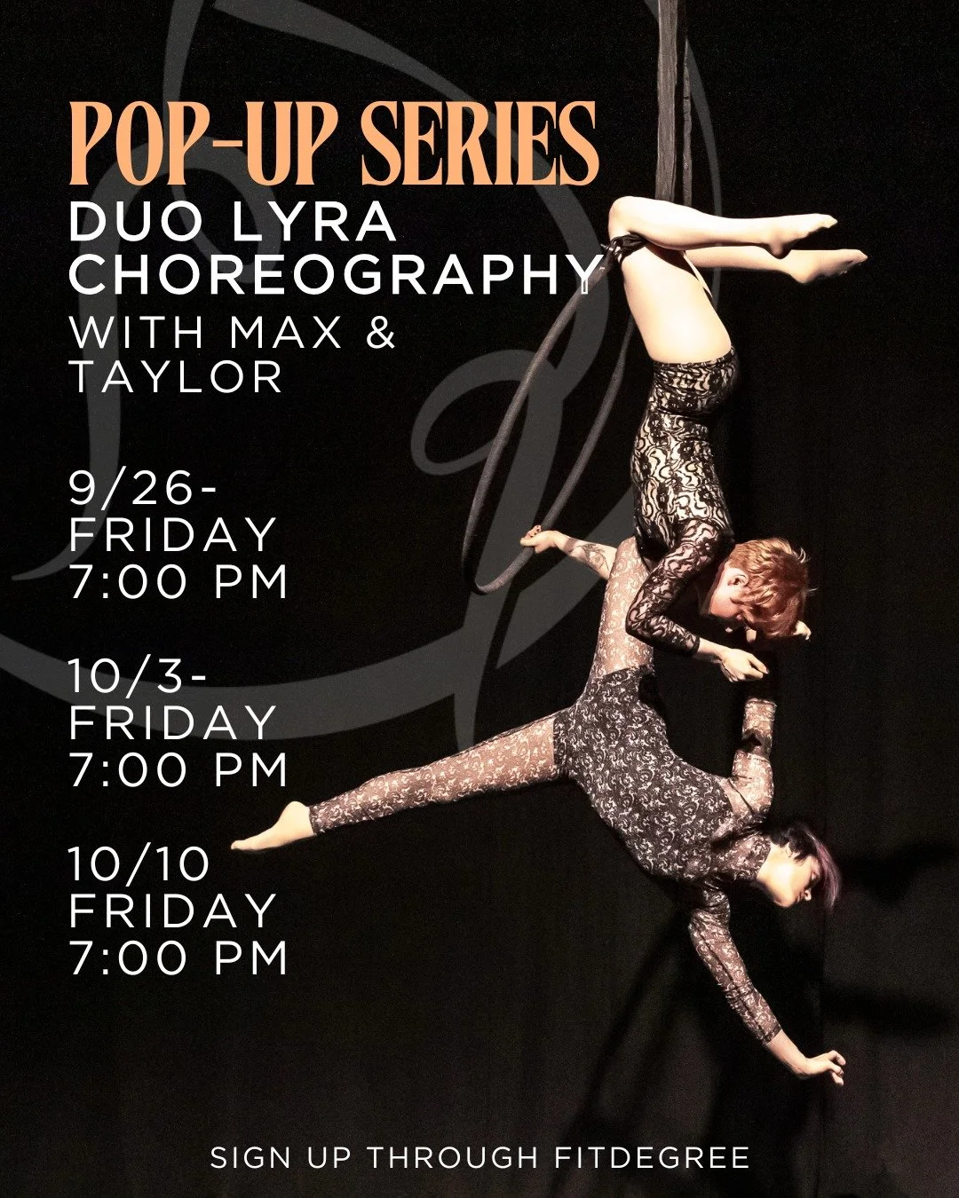 ✨ POP-UP SERIES ✨
Take your lyra skills to new heights with Max (@spaghetti_memoirs) &amp; Taylor&rsquo;s (@little.vixen.grey) Duo Lyra Choreography Series! 

Fridays at 7:00 PM

9/26

10/3

10/10

Over 3 weeks, you&rsquo;ll dive into a stunning chor