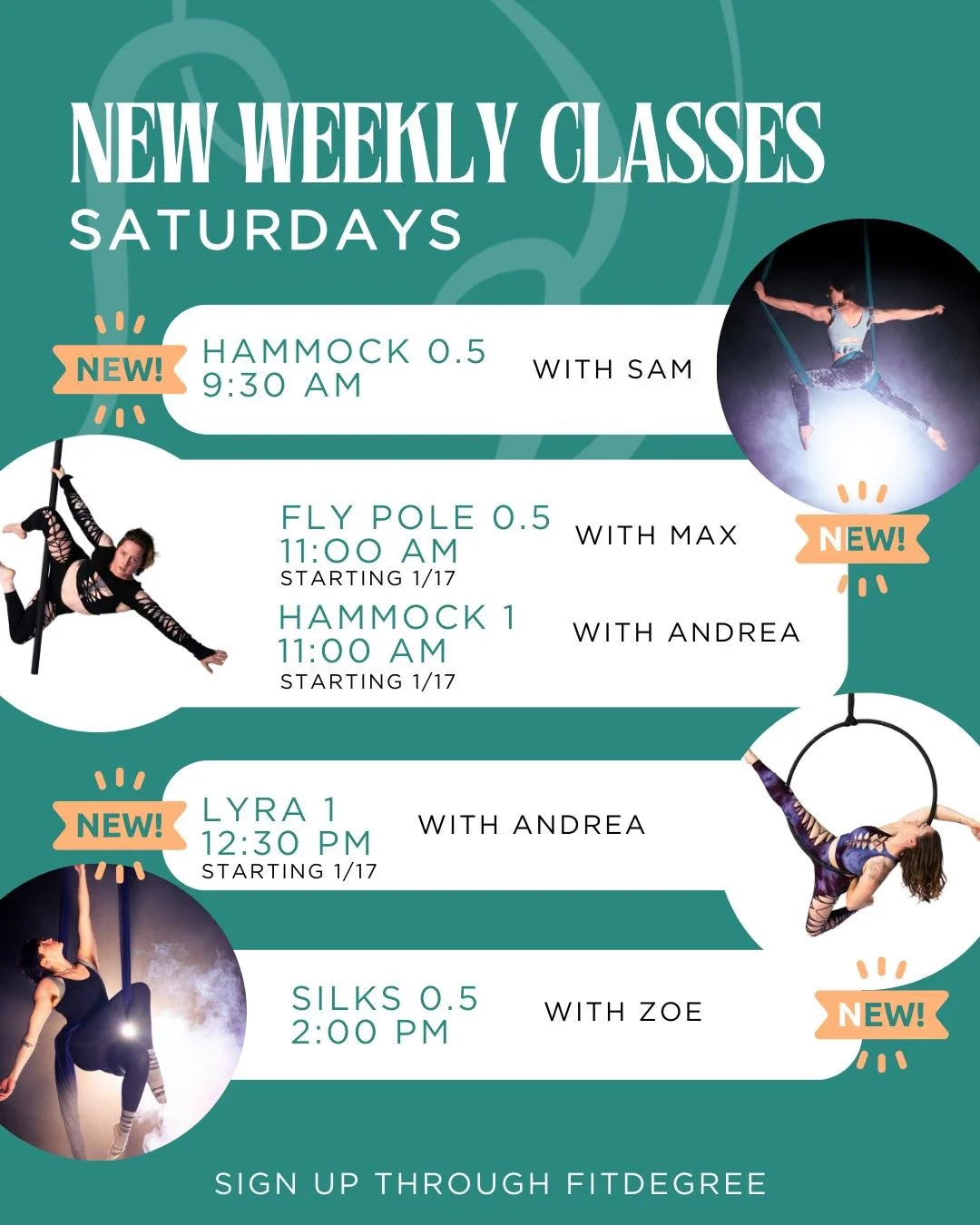 Saturdays at B.A.D. are getting a bunch more fun!
New Hammock foundations, fly pole foundations, silks foundation and lyra 1!!
Start your weekend off at B.A.D.!