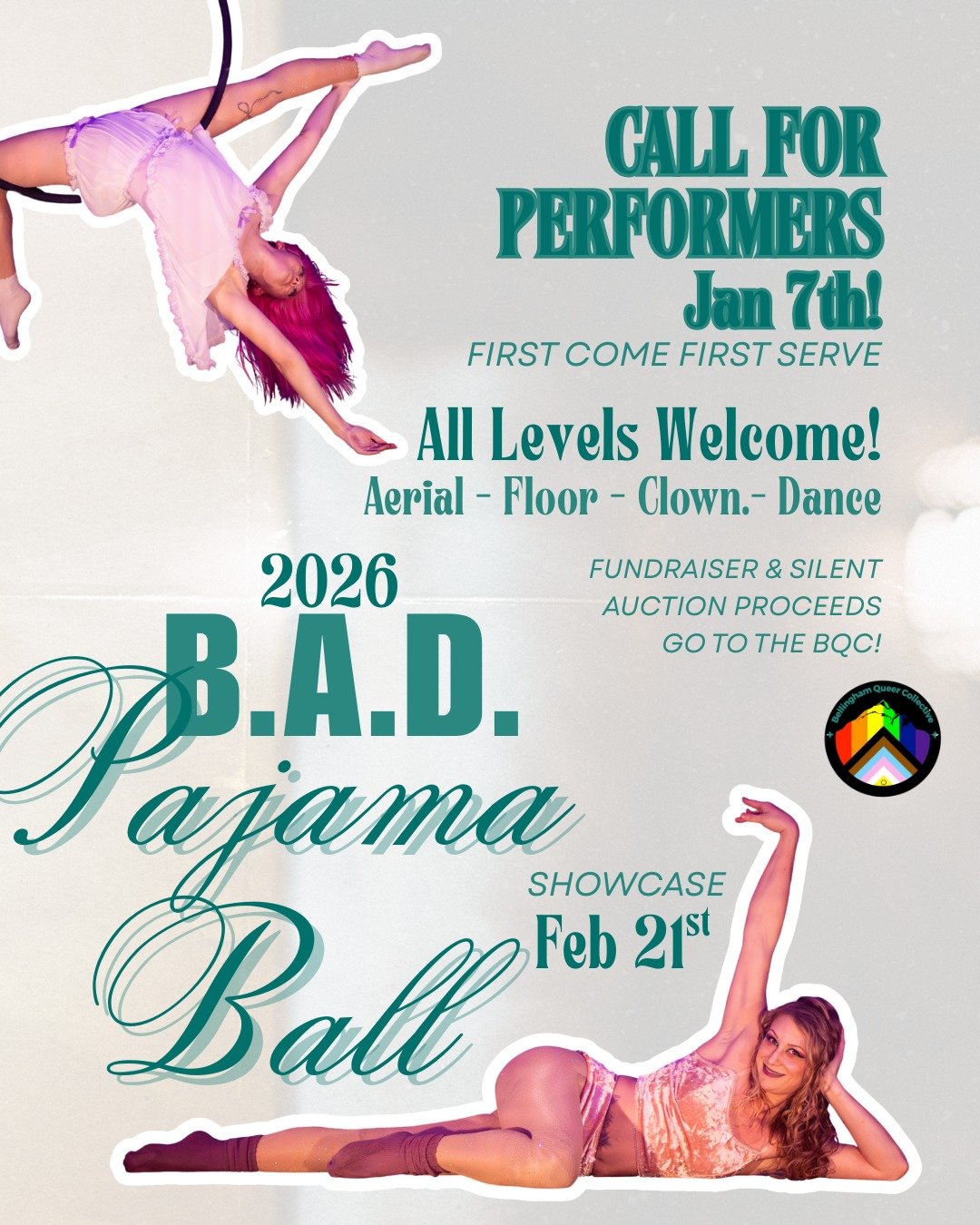 Our 2nd Annual B.A.D. Pajama Ball is coming up in February! Call for performers opens on Wednesday. 
ALL LEVELS welcome and all types of movement!
Aerial - floor flow - flow - juggle - clown - dance. 
Solos, duos, and groups welcome!

All proceeds go