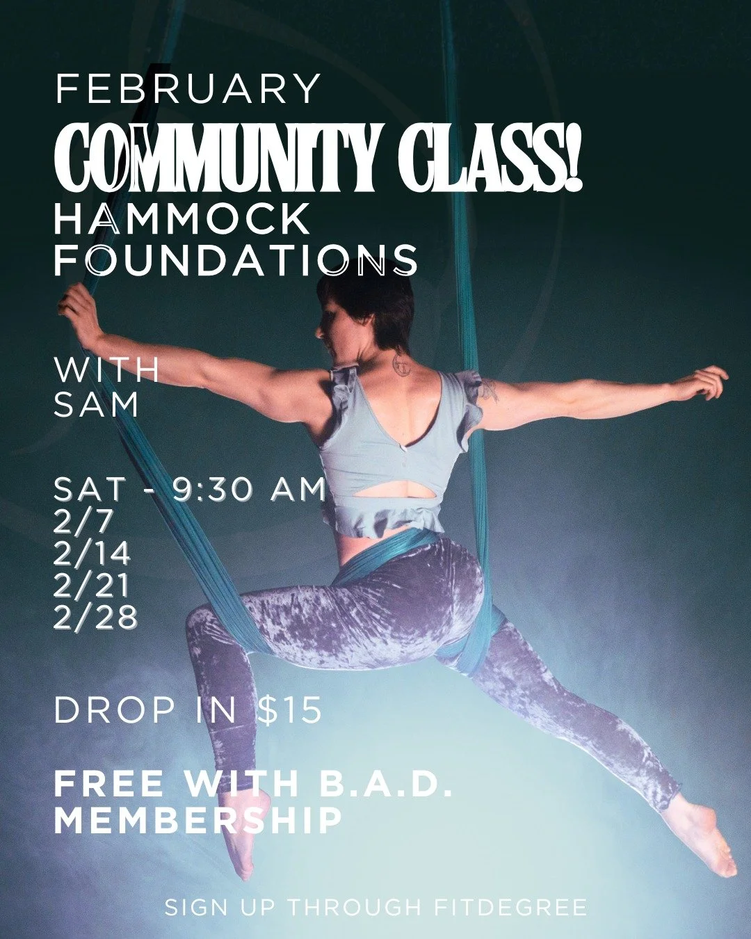 Hammock foundations (0.5) on Saturdays will be our Febrary Community class!

Free to current members and 1/2 off to non-members! A great way to give hammock - or aerials a try!

Get your weekend off to a lovely start on Saturdays at 9:30 starting 2/7