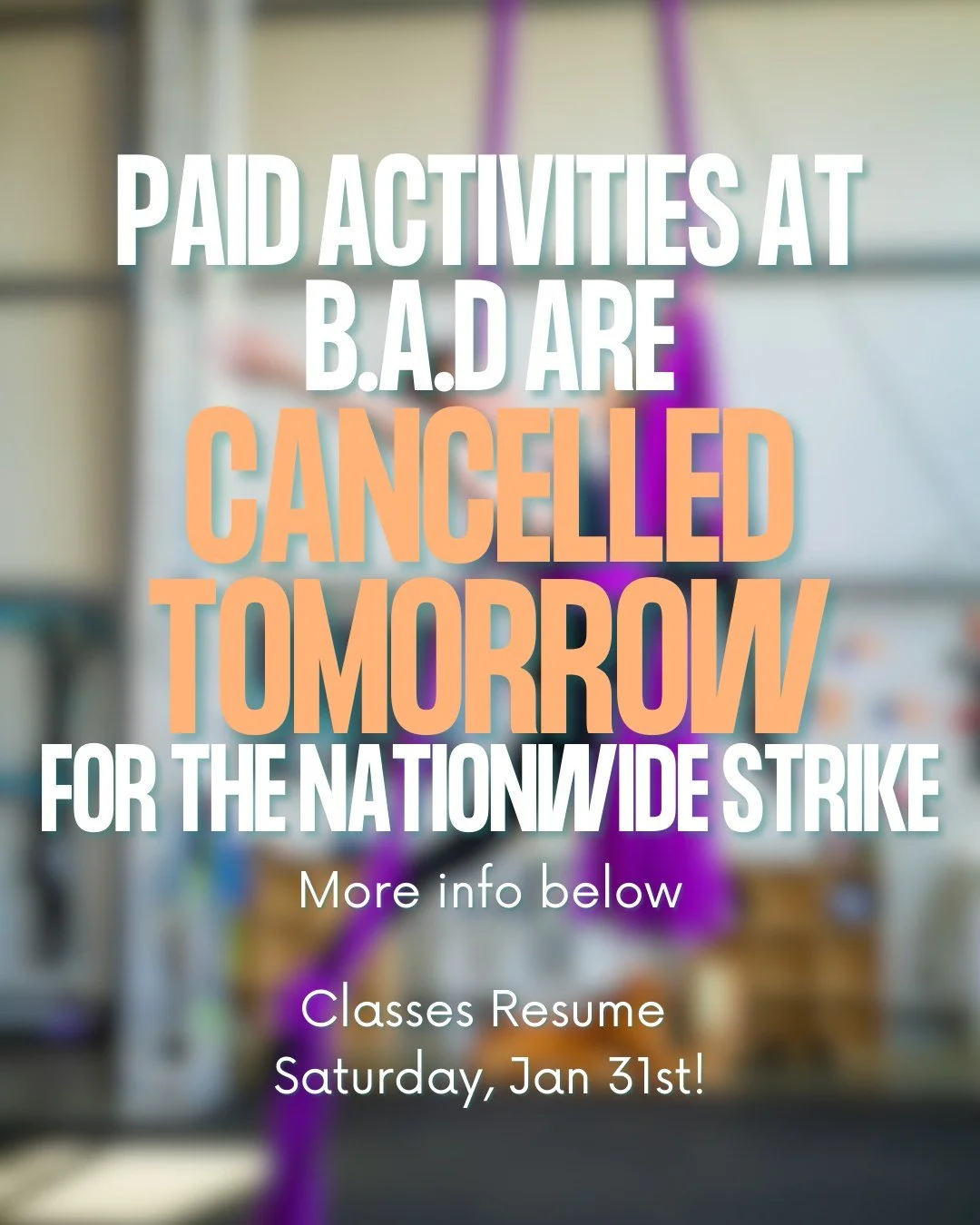 Taking inspiration from @newmoon.movementarts - B.A.D. has cancelled all paid activities and events tomorrow Friday the 30th in observance of the strike.

All scheduled classes that day will be fully refunded.

While formal programming is paused, we&