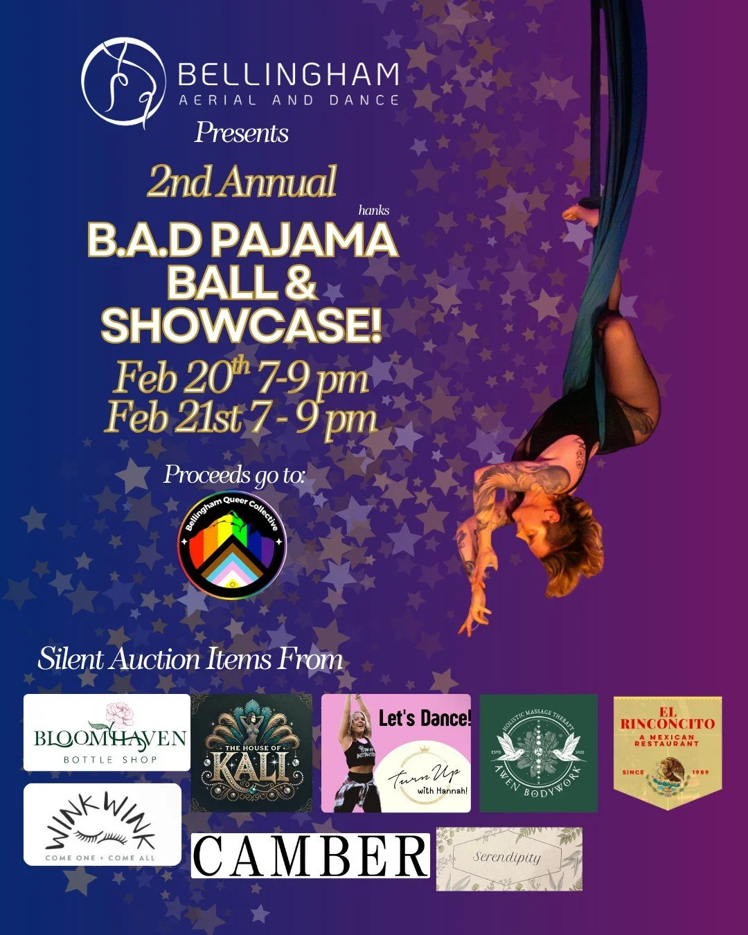 Our 2nd Annual B.A.D. Pajama Ball is here and better than ever. 
Two nights of aerial, dance and staff performances!
Tons of silent auction partners!
Grab you comfiest - or most extra PJ's and join us!!

Tickets on our website and in our instagram bi
