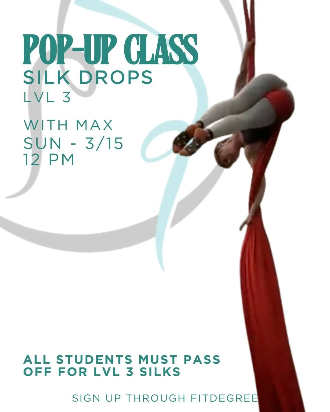 Join @spaghetti_memoirs in this advanced silks class focused on silk drops. Class will focus on proper wraps, controlled descents and smooth movement through 2-3 drops. 
All students must pass off for level 3 silks. #aerialsilk #aerialist #aerial #be
