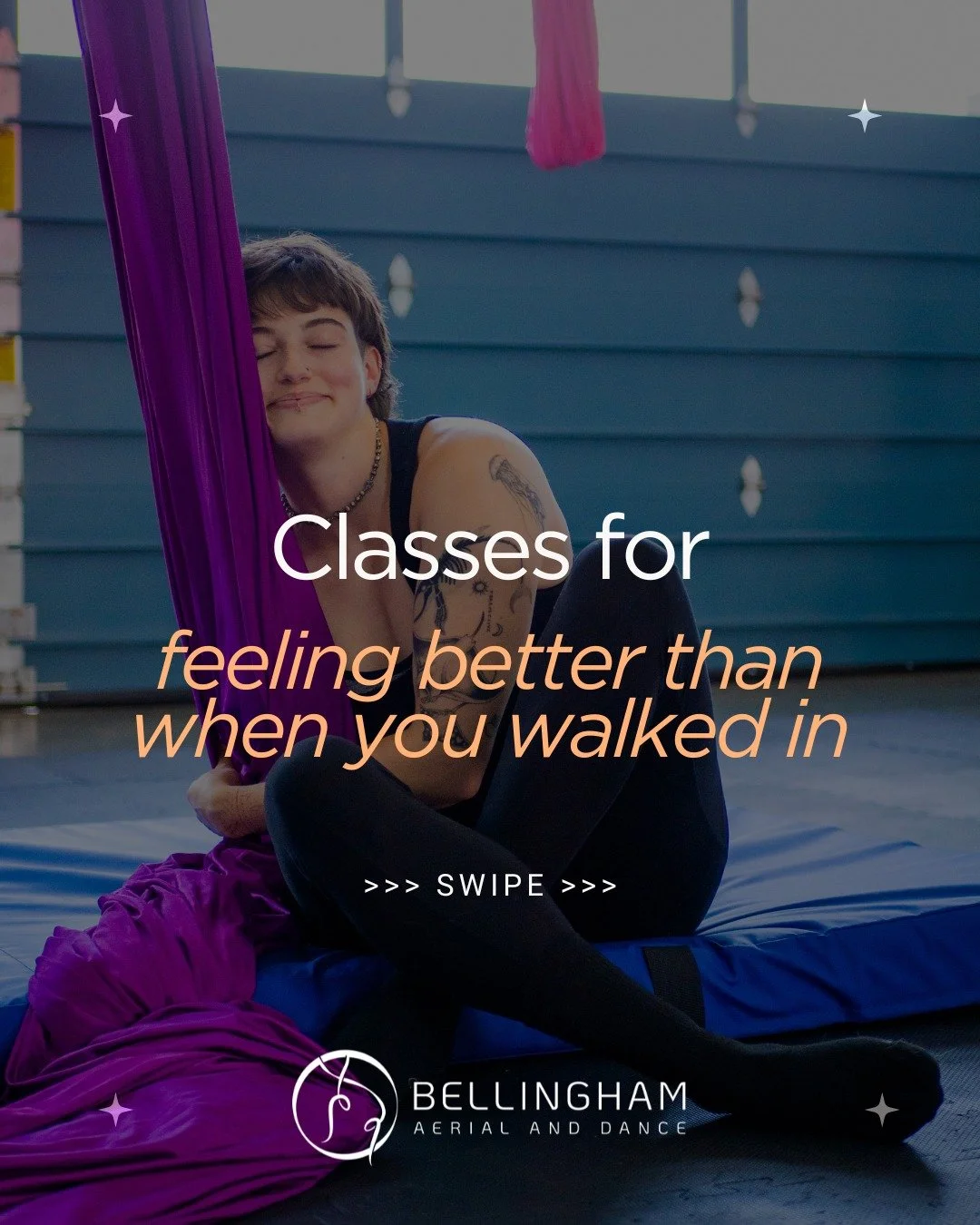 Looking for that pick me up in your day? Get one of these classes on your schedule and feel better than when you walked in!

📸 @kyle_sekai 
 #aerialsilk #aeriallyra #lyra #aerialhammock #flypole #bellingham #dance