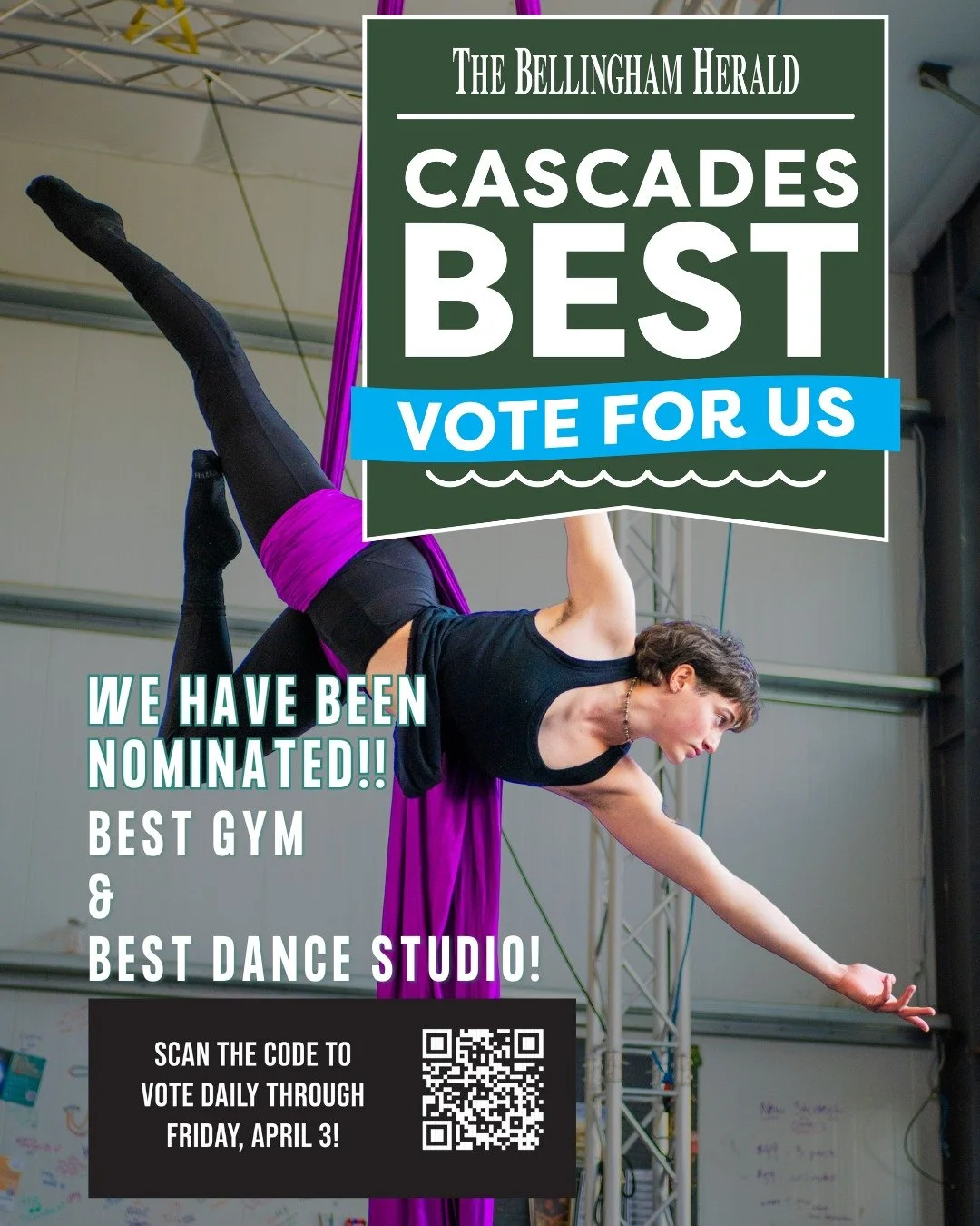 We've been nominated for best gym and best dance studio!!
Thank you so much. We couldn't be more proud of what our community has made here! Let other knows by voting for us through April 3rd!
You can vote each day and let people know about the studio