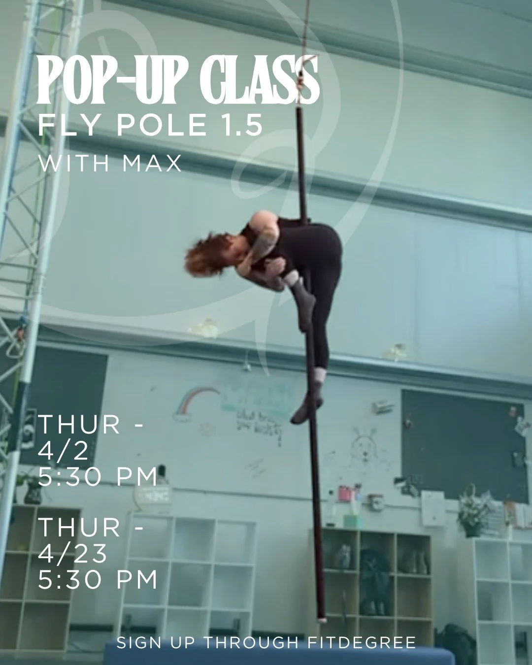 Fly Pole 1.5!
 #flypole #poledance #aerialist #aerial #bellingham 
Are you looking to find more control, endurance and fluidity in level 1  or ease into level 2 fly pole?  This class will be perfect for you. In fly pole 1.5 we will be putting longer 