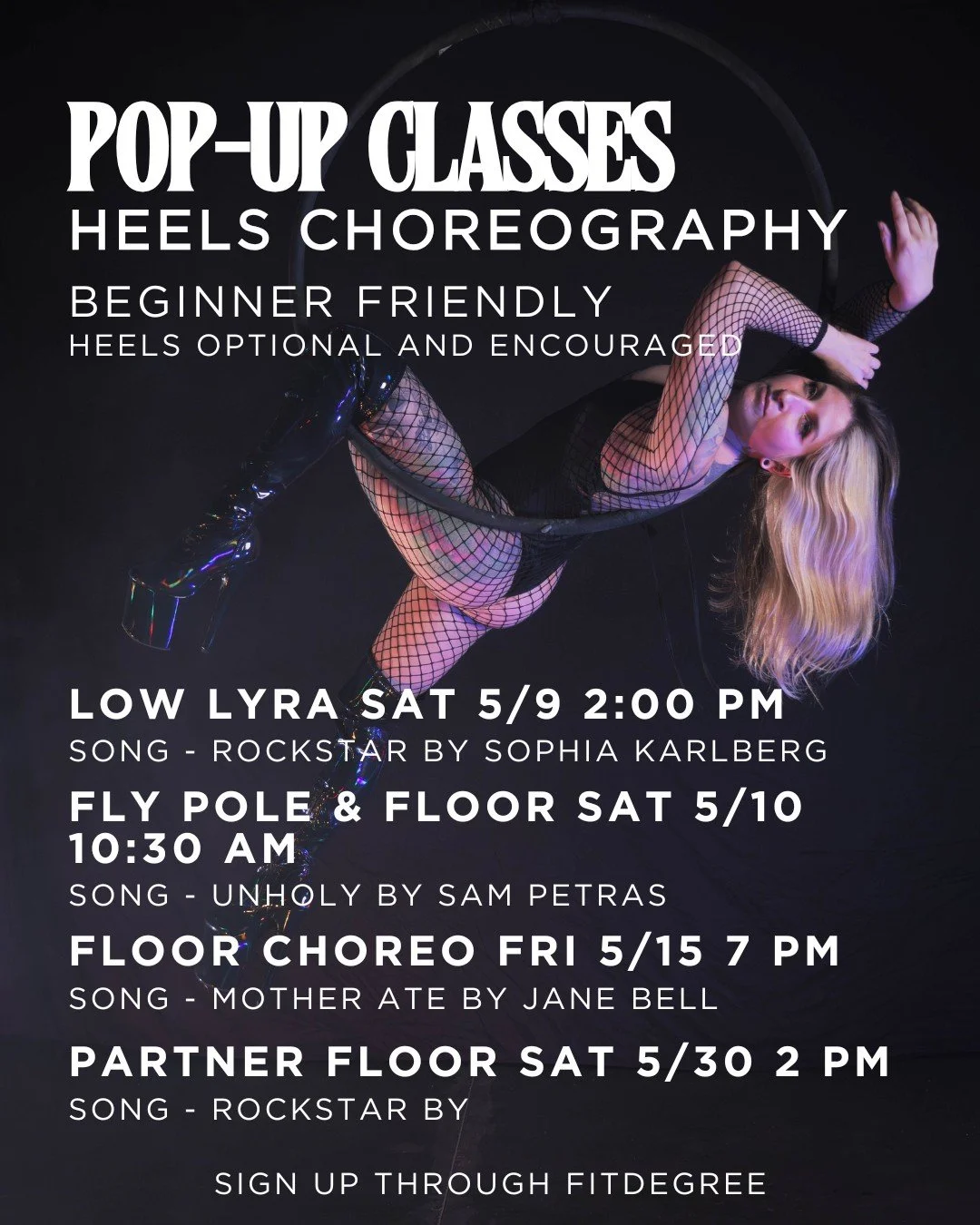 It's Heel Clack May!
Grab those shoes that make you feel a bit extra and learn some sassy choreography in the low lyra, fly pole, and floor dance!

Beginner friendly and perfect for vibin' on YOU!

Lyra with @french_twist_aerial 
Fly pole and floor w