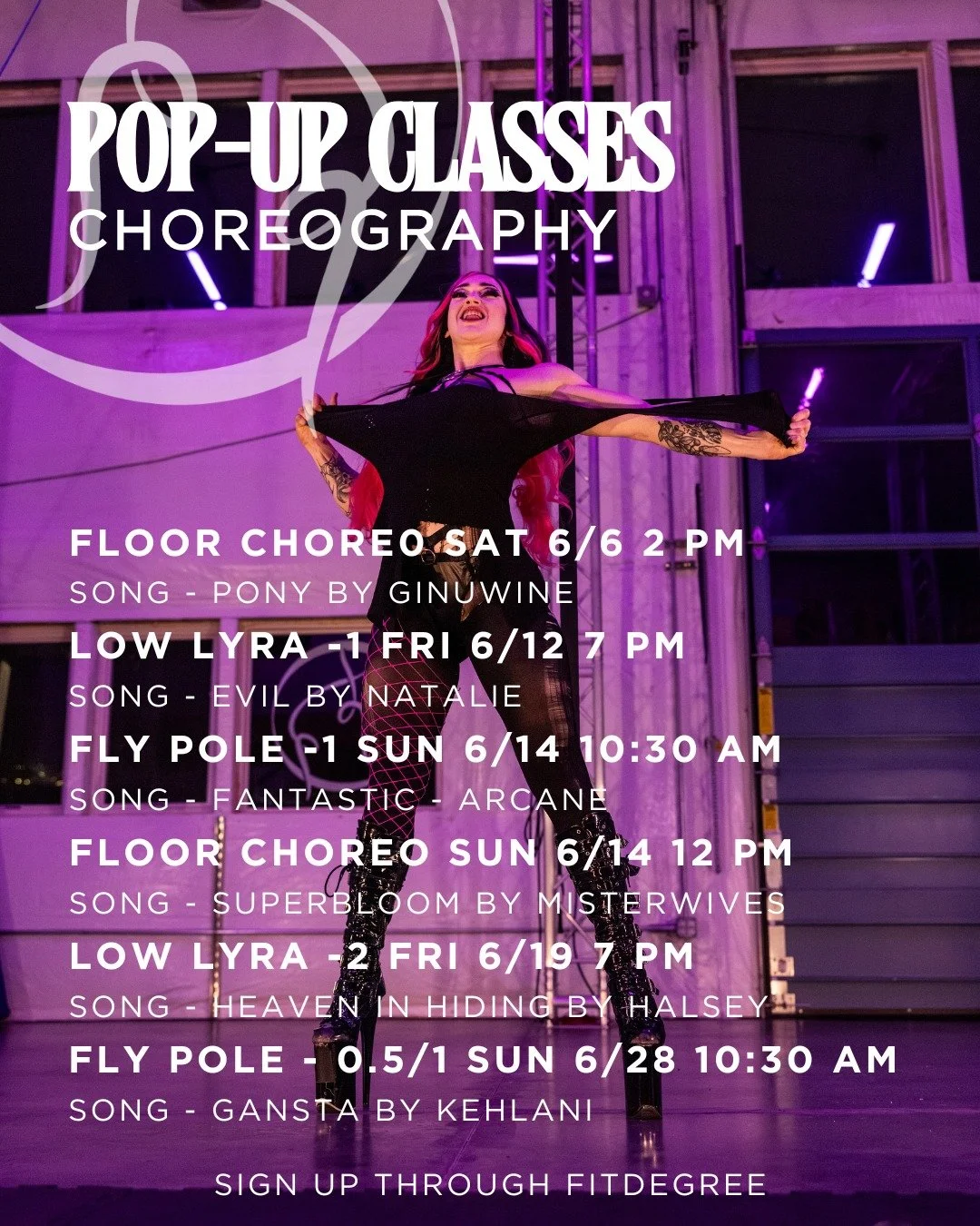 Coming in hot with our June choreography pop-ups. 
We have a variety of apparatus, levels, vibes and styles to choose from starting with floor choreo to the 90's classic Pony by Ginuwine. 
Grab a spot and get ready to explore your own style with a su