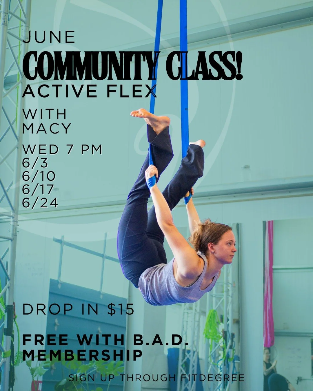 Join us this month for Active Flex with @macysmartz!
In this class you'll strengthen and lengthen those muscles focusing on a different area of the body each week!

Community classes are free with a B.A.D. Membership and $15 for a drop-in!