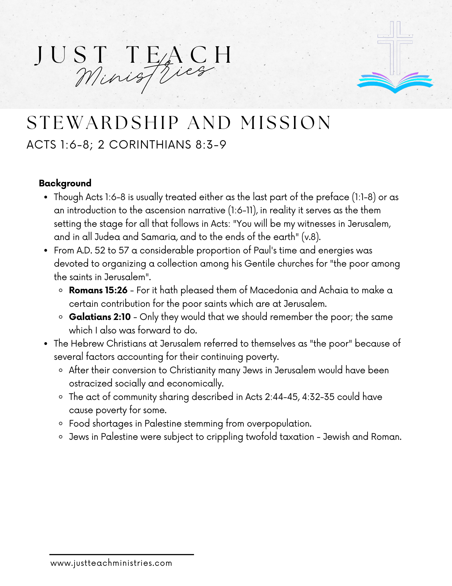 Acts 1:6-8; 2 Corinthians 8:3-9