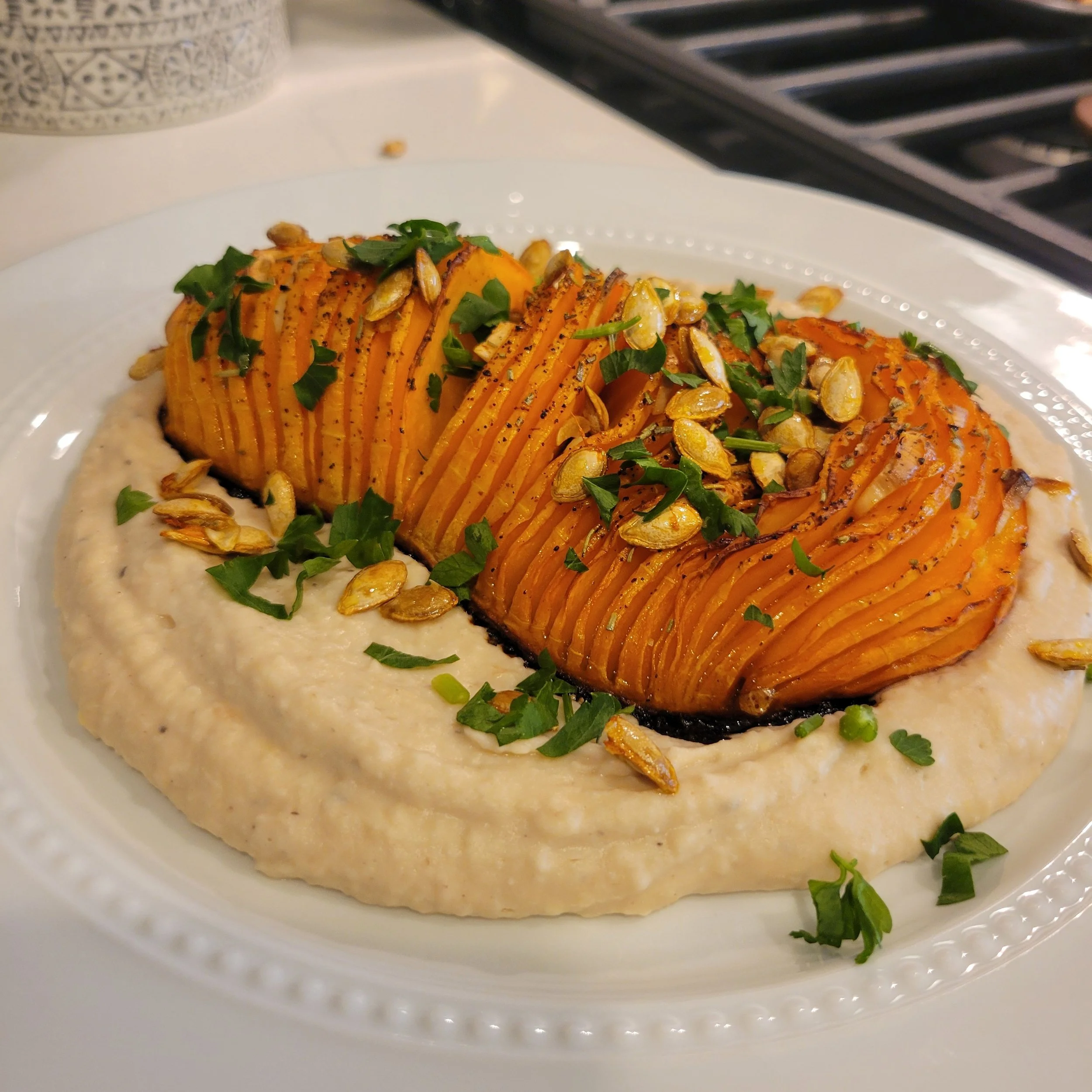 Hasselback Butternut Squash with White Bean and Ricotta Dip