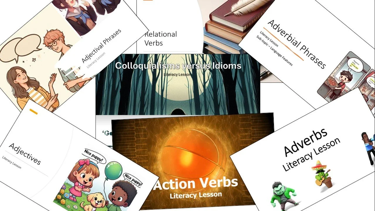 IMage shows the cover pages of the 7 full lesson powerpoints on language features. The language features are adjectives, adverbs, adverbial phrases, adjectival phrases, relational verbs, and action verbs.