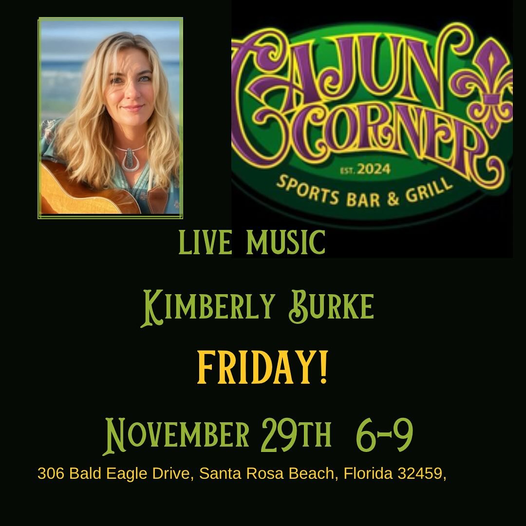Please join me for some Friday fun at @cajuncornersrb  I&rsquo;ll be playing music from 6-9. The food is amazing! Can&rsquo;t wait to see you there! #livemusic #santarosabeach #30a #cajunfood #singersongwriter #coversong #favoritesong