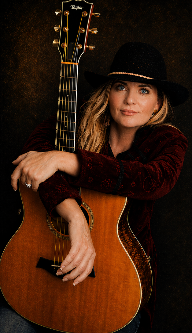 A woman wearing a black hat with a light-colored band, holding an acoustic guitar, and resting her chin on her arms. She has blonde hair, blue eyes, and is dressed in a dark red velvet top with floral patterns, against a dark background.