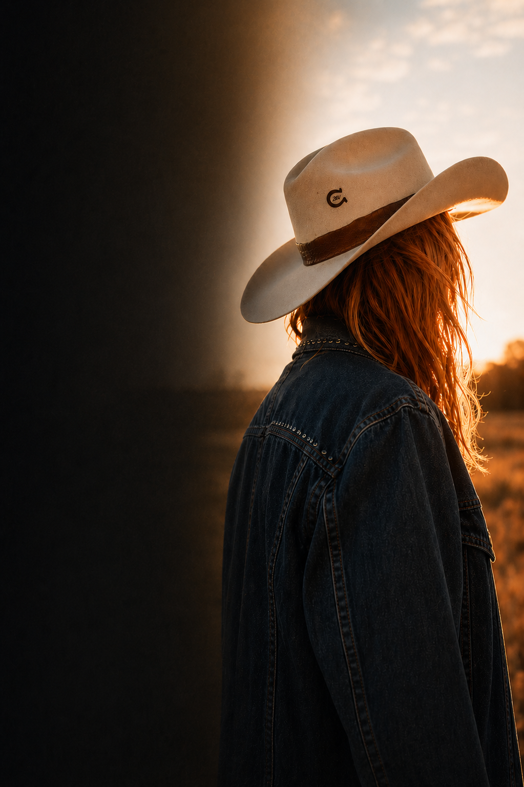 A person with red hair wearing a cowboy hat and denim jacket, standing outdoors during sunset with warm sunlight.