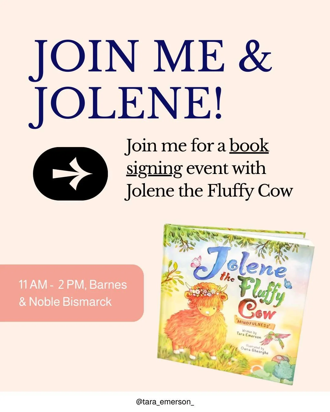Tomorrow is the day. ✨I&rsquo;ll be at Barnes and Noble Bismarck on March 28 from 11 AM to 2 PM signing Jolene the Fluffy Cow Mindfulness. 🐮💛

Come join me for a morning of calm and cozy fun:
📖 Get your copy signed in person
🐮 Meet our fluffy min