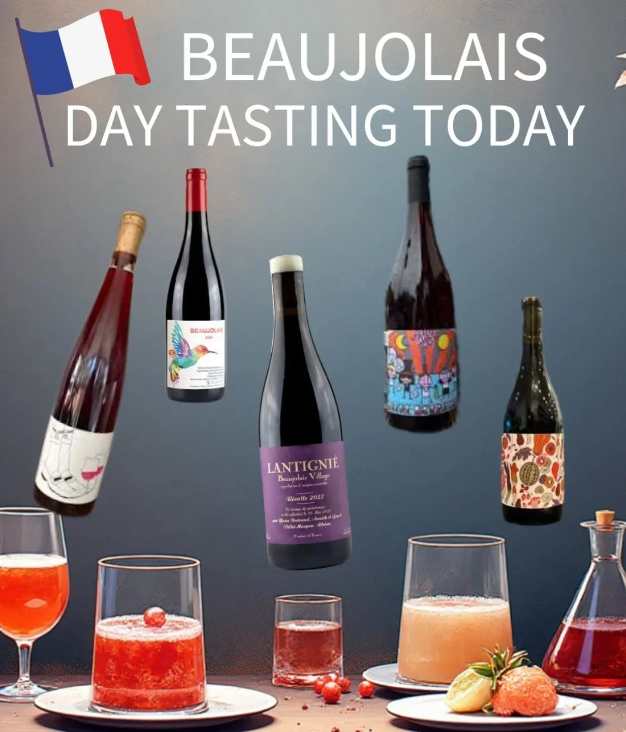🇫🇷Happy Beaujolais Day! Today we'll be releasing Beaujolais Nouveau, which is the new release of this year's vintage of Beaujolais which always happens on the third Thursday of November

🍷We'll be tasting 6 different Gamay's today, from the notori