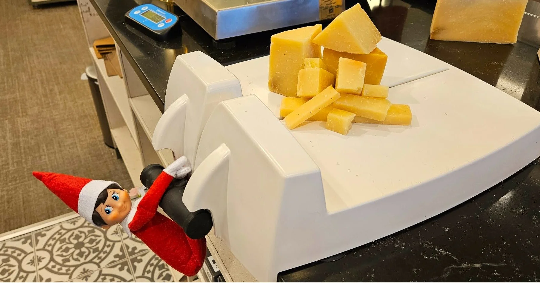 Ever since our shop-elf, Gouda DoodleDash, showed up the other day, he's been getting into trouble. Today, he tried helping me with the cheese, and we ended up with a pile of silly-shaped pieces!
Can anyone tell me how to control this little guy? His