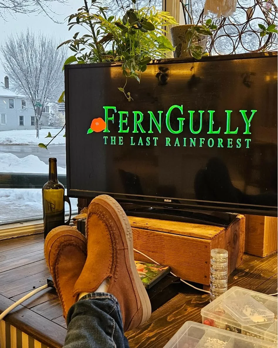 ❄️"The air is blue and keen and cold, with snow, the roads and fields are white."
If you're out and find you need some respite from winter, I'll be here watching FernGully and making some cork earrings until 7:00!