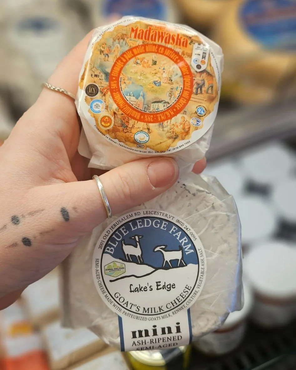 New stock and long-awaited re-stock have arrived!
La Magie de Madawaska comes from Fromagerie le Detour in the Bas-Saint Laurent region of Quebec, Canada. It's officially the smallest wheel we have in stock! Each is roughly a quarter-pound of delicat