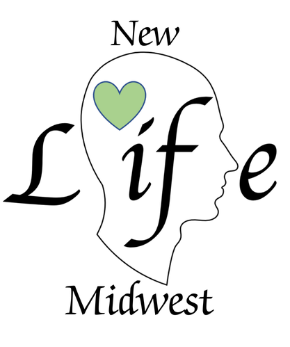 Graphic design with the words 'New Life Midwest' around a human profile outline. Inside the profile, there is a green heart. The word 'Life' is large and central.