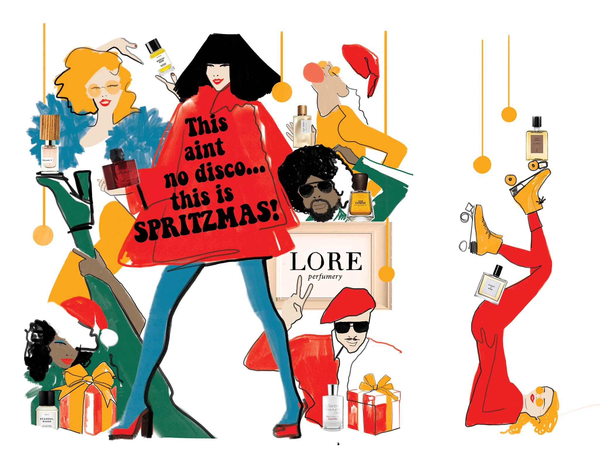 Kelly Thompson Illustration Lore perfumery Disco Christmas window