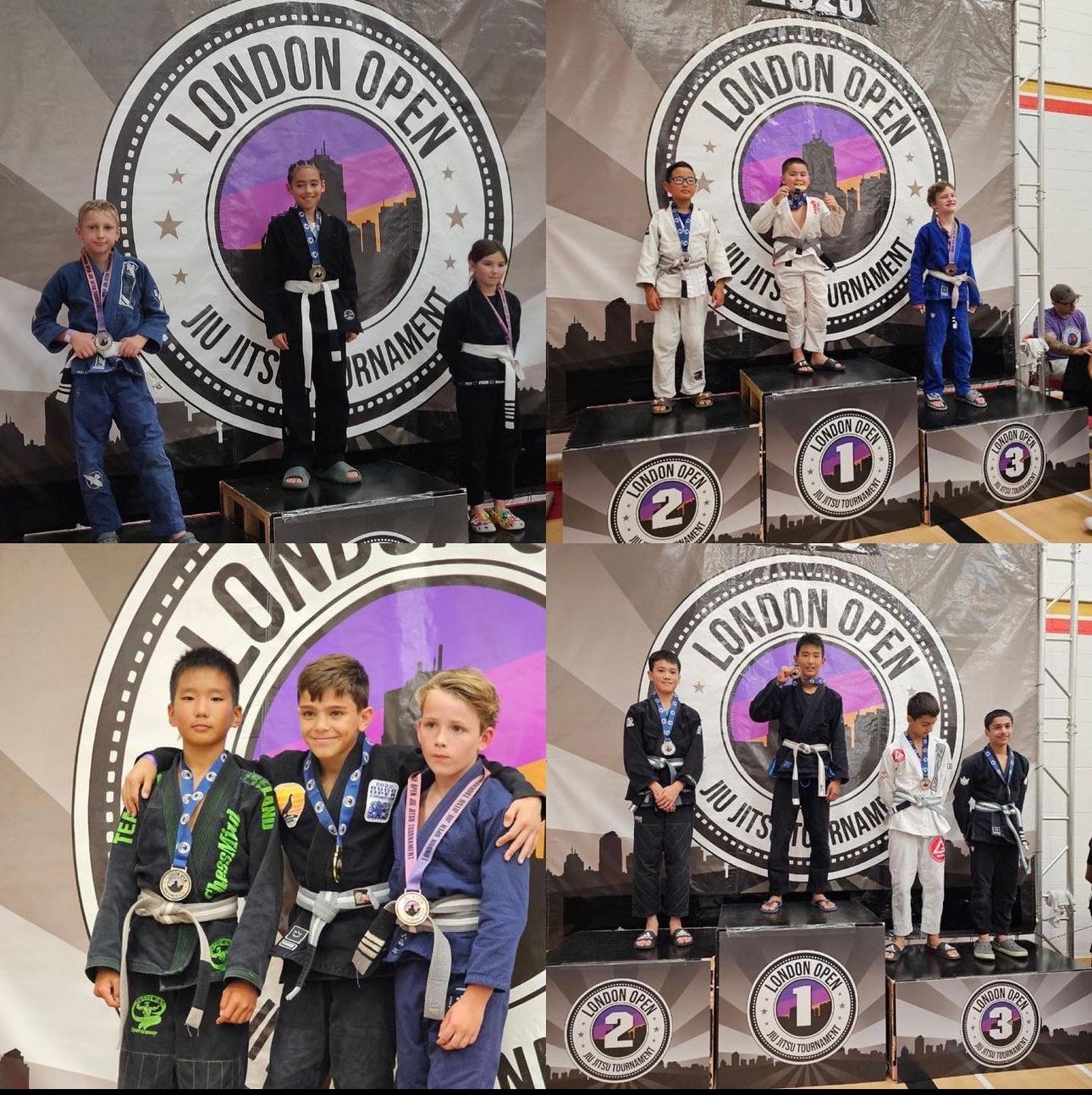 Kids on podiums at London Open Jiu Jitsu Tournament with medals.