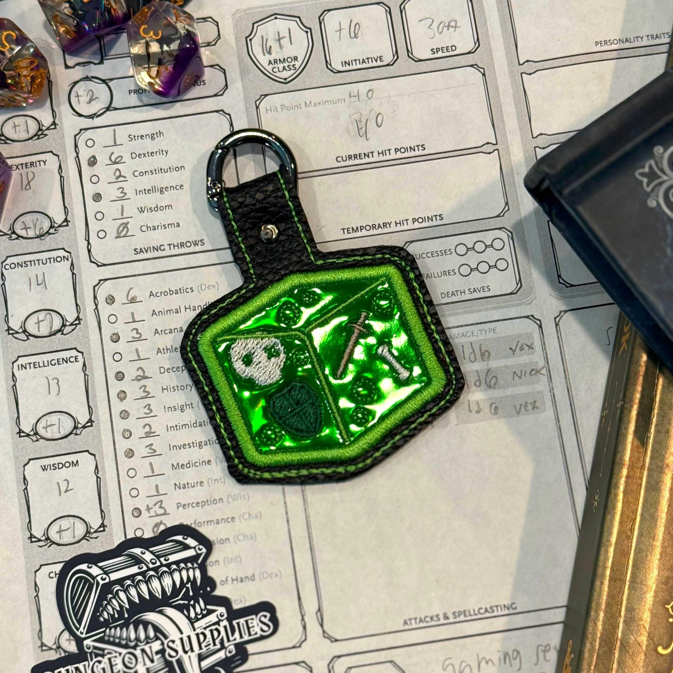 Leather Embroidered Gelatinous Cube Key Fob | Fantasy Slime Monster Charm | TTRPG Gamer Gift