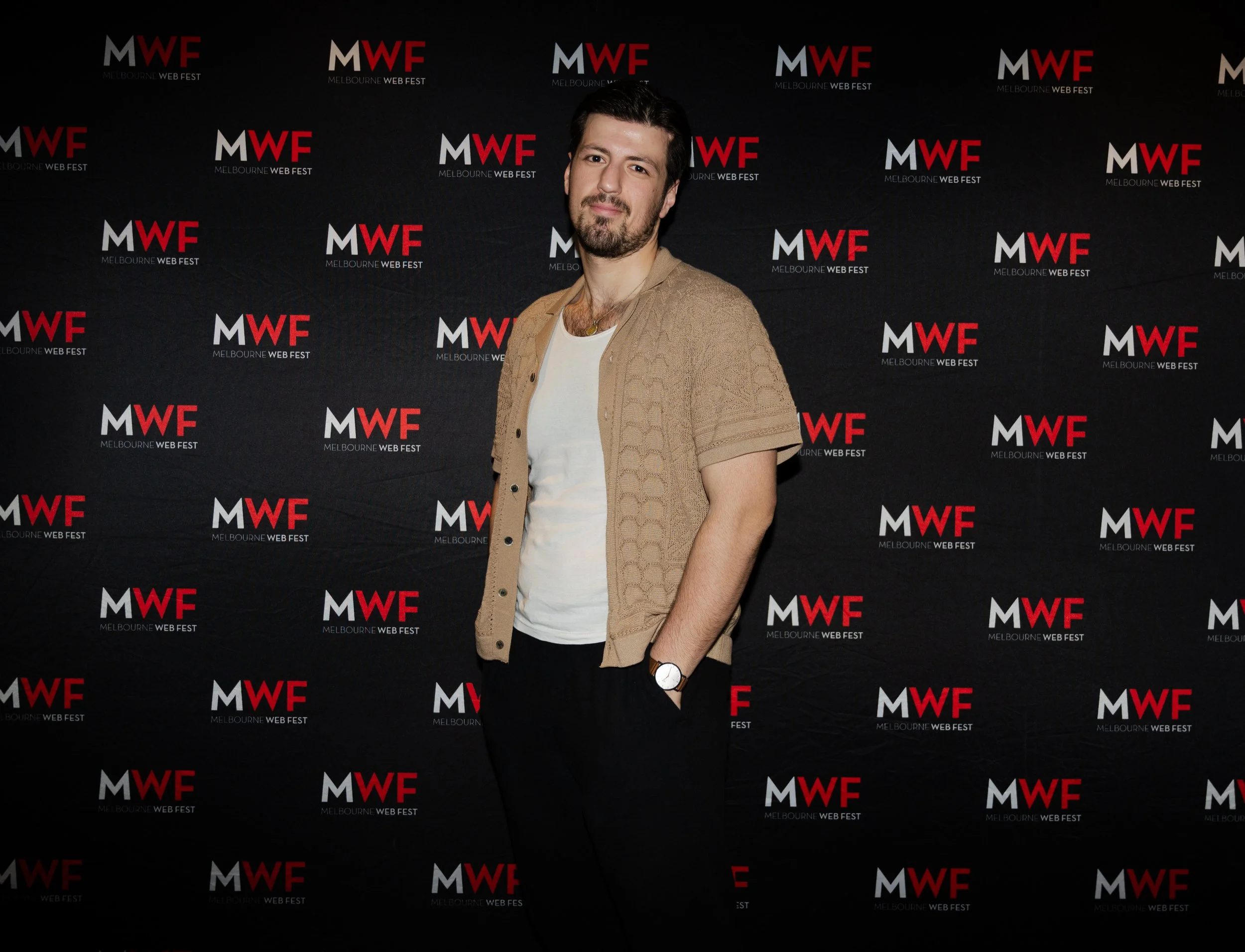 Media wall photo at Melbourne WebFest: International Web Series Festival. Photo of person standing in front of media wall.