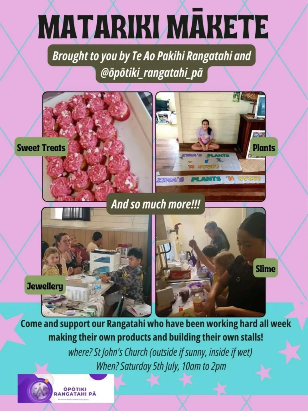 You coming?! 

Matariki Mākete -- 10-2pm. 
5th July. St John's Church Lounge 

Support our Te Ao Pakihi Rangatahi programme and our incredible young entrepreneurs 💜 

#ōpōtikirangatahipā
#teaopakihirangatahi