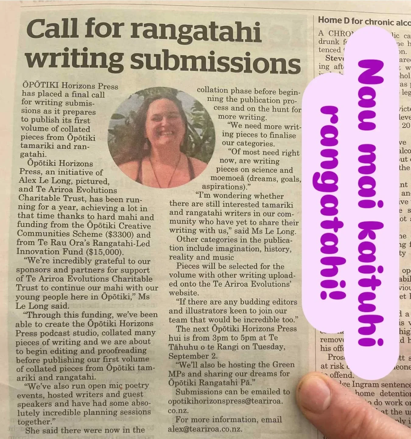 To our writing community -- last call for our first volume of collated writing for publication with Ōpōtiki Horizons Press 💜 We'd love new pieces sent through before the end of Term 3. Send them directly to @opotiki.horizons.press or to Whaea Alex a