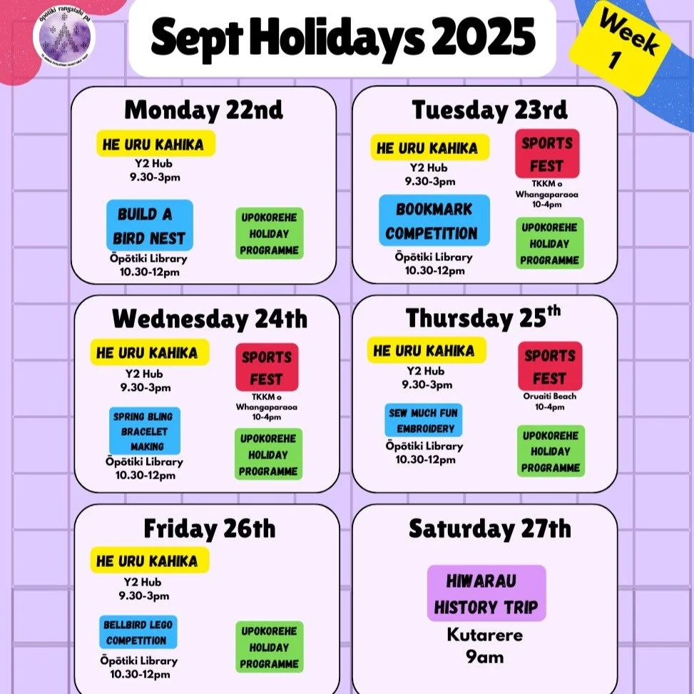 The Term 3 Holiday Schedule is here! Get involved in as many different activities as you can, rest up and have a great time with your whanau and friends. Be safe e te iwi!

If you're keen to run an activity or have an idea - korero mai!