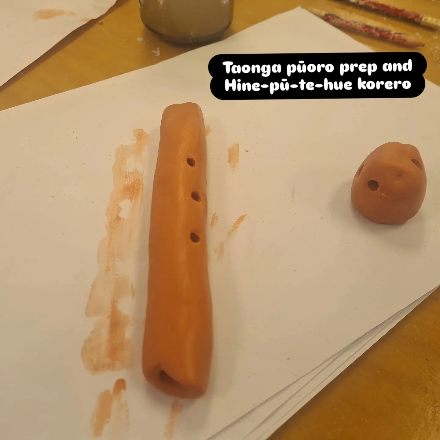 On Wednesday we learnt more about Hine-pū-te-hue, her role in the wehenga o Ranginui rāua ko Papatūānuku, and how we might use taonga pūoro to help us find our own mauri tau. 

Air dry clay is tricky! We're going to try a different medium next time.