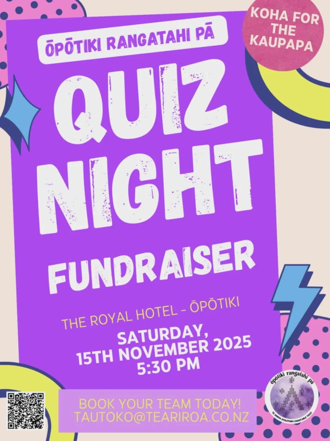 Coming? Book your team and Koha for the Kaupapa 💜 

#KohaForTheKaupapa #QuizNight #ōpōtikirangatahipā