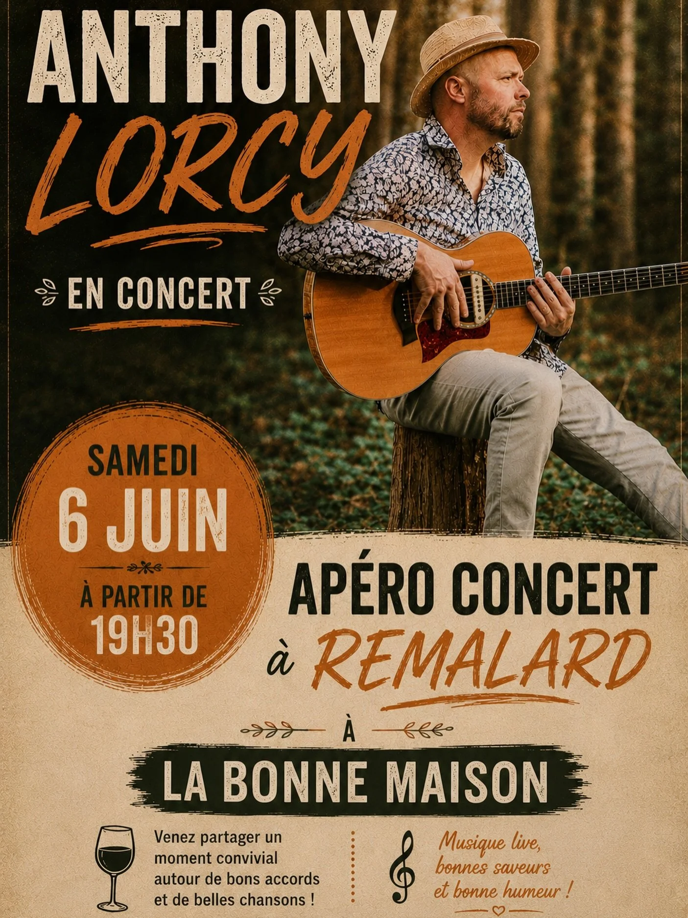🎸✨ AP&Eacute;RO CONCERT AVEC ANTHONY LORCY !

📅 Le Samedi 6 juin &ndash; 19h30
📍 Chez Bonne Maison 

Musique live, bons accords, Galette croustillante et cocktails maisons au programme ! 🍷🎶

#BonneMaison #AnthonyLorcy #Ap&eacute;roConcert #Musiq