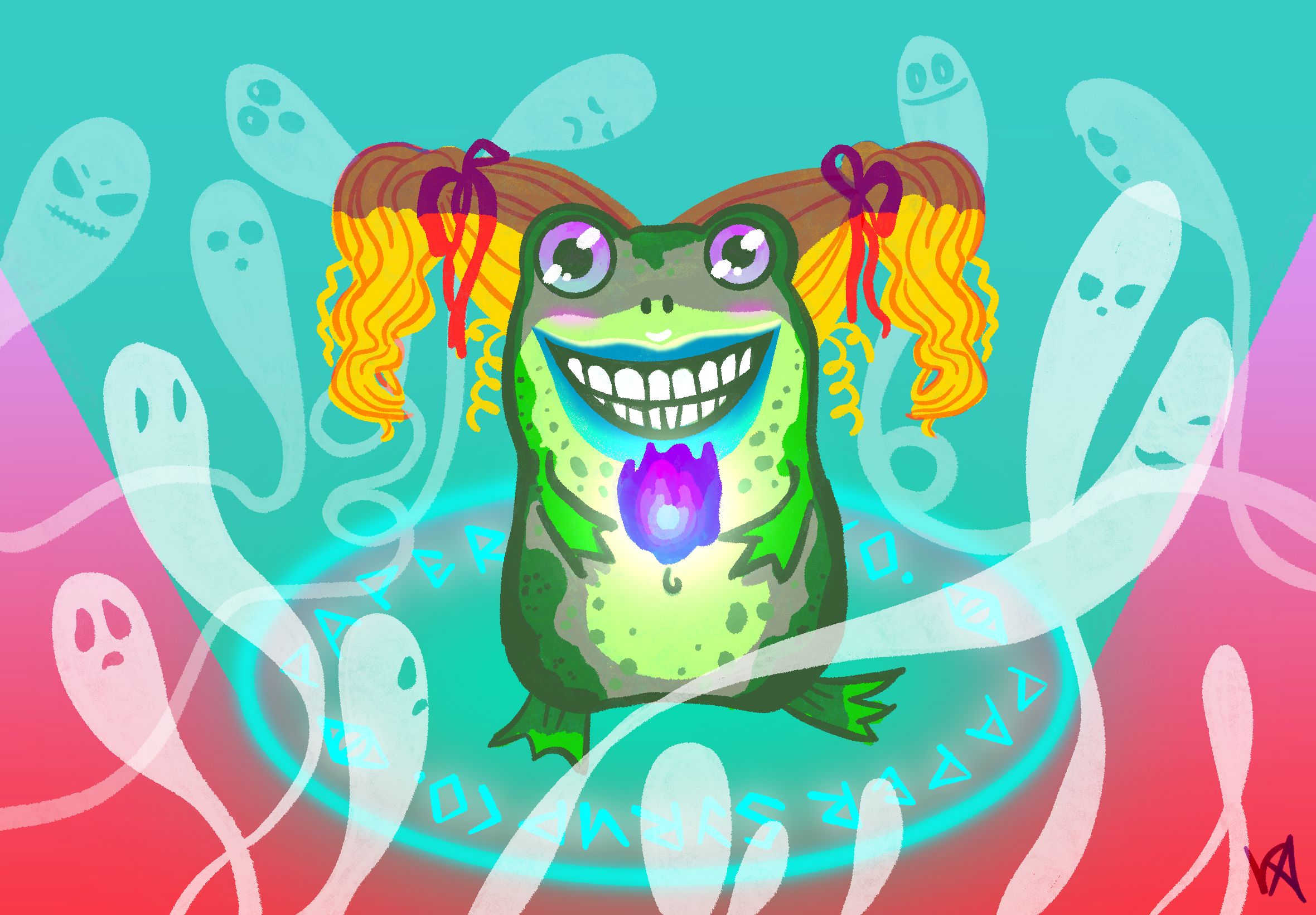 A colorful, cartoon-style frog with a big, wide smile showing large teeth, purple eyes, and curly blonde hair tied with red ribbons, surrounded by a glowing, circular aura with glowing symbols and ghost-like figures in the background.
