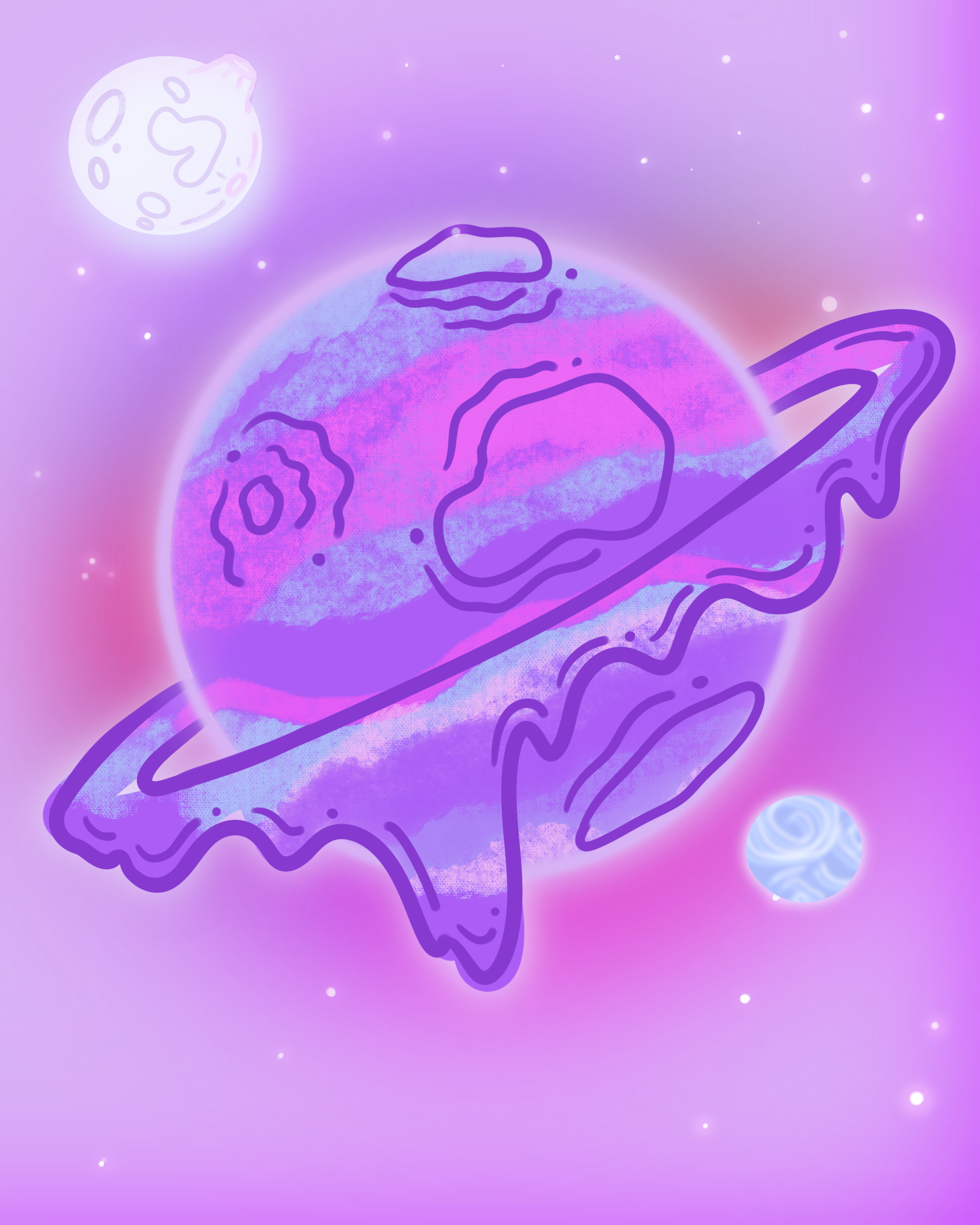 Digital illustration of a mole on a purple and pink planet with a ring, with a large white moon and a starry sky in the background.