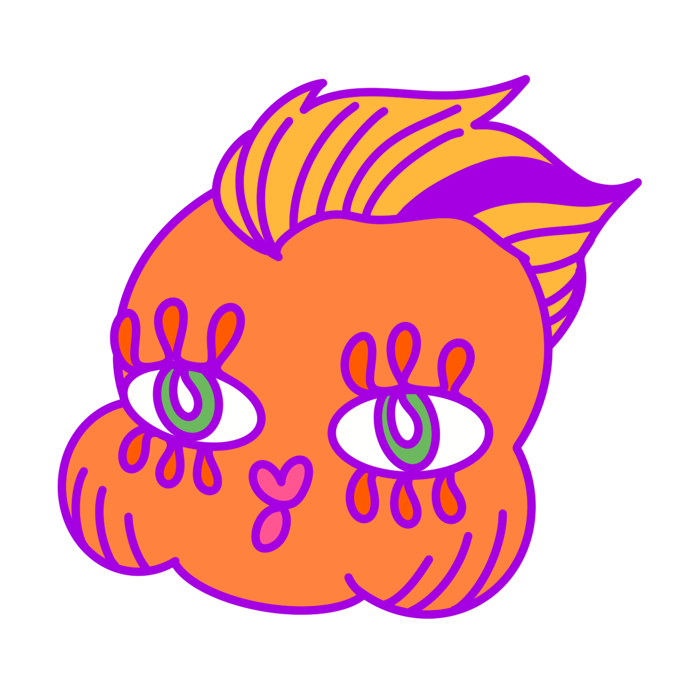Stylized illustration of a pumpkin with decorative, abstract eyes and facial features, featuring vibrant purple, orange, green, and white colors.