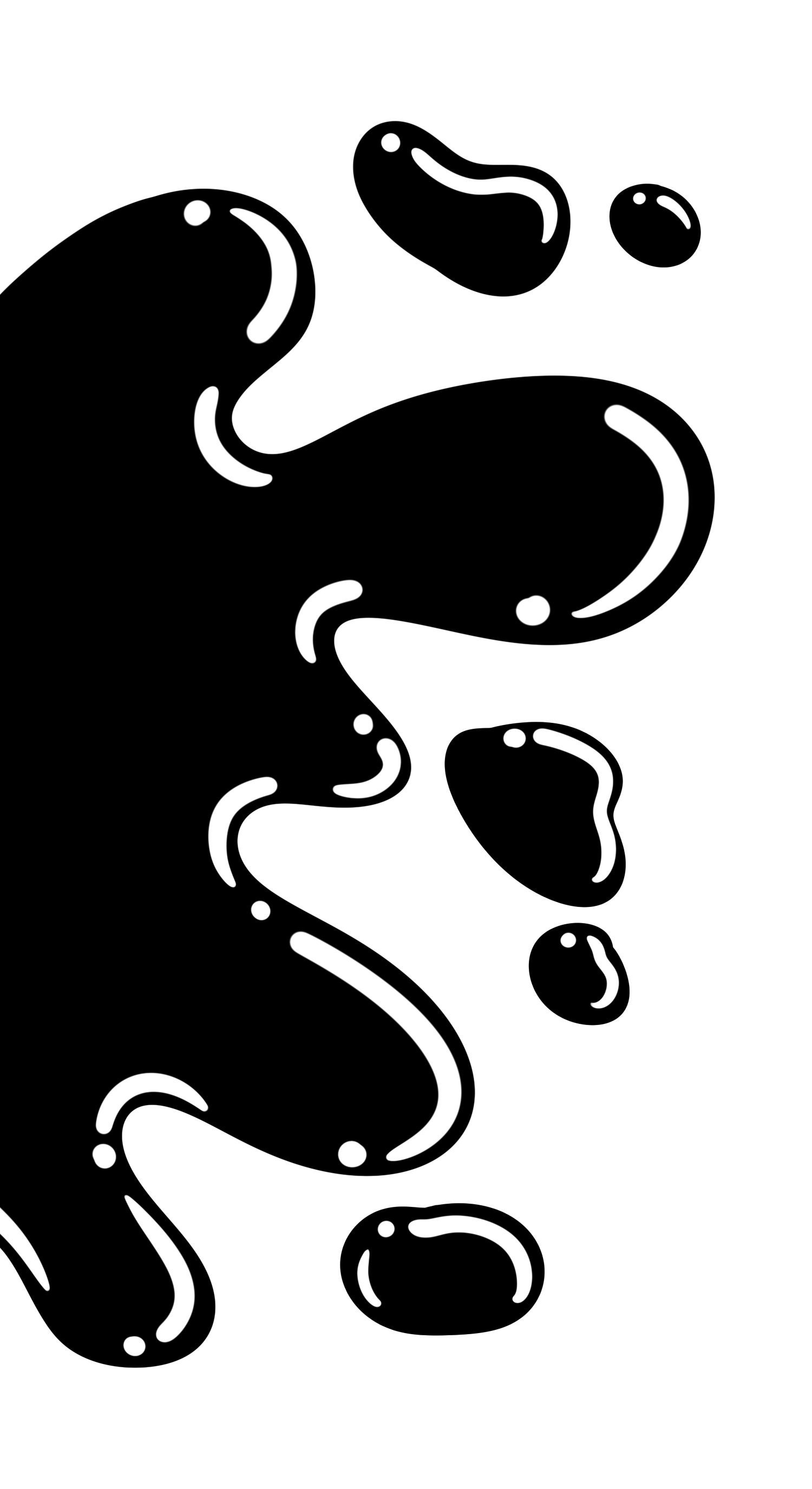 Black background with white abstract curvy lines and dots.