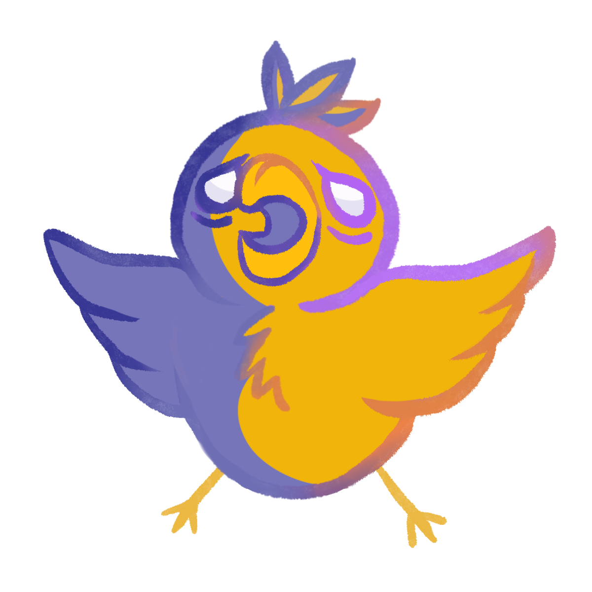 A cartoon bird with a yellow body, purple wings, and purple tail feathers, smiling with a cheerful expression and closed eyes, featuring a pink tongue sticking out.