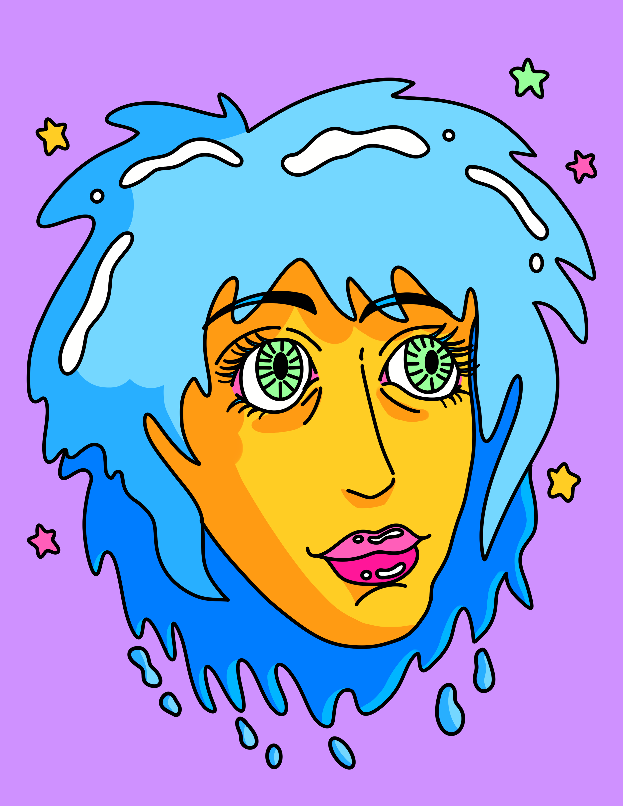 Digital art of a woman with blue hair and green eyes with large eyelashes, pink lips, and a small nose, against a purple background with small stars.