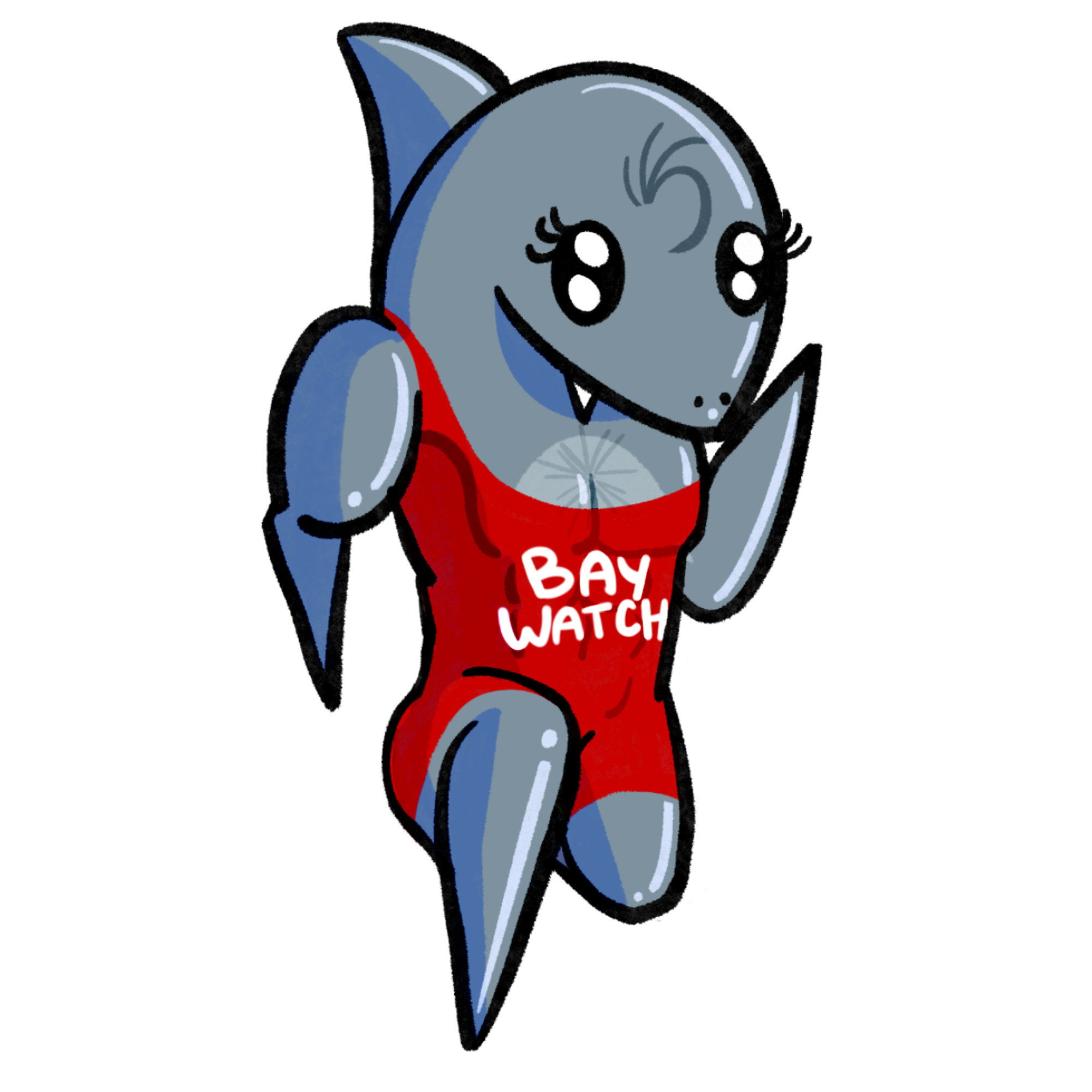 A cartoon shark character wearing red swim trunks with the words 'Bay Watch' written on them.