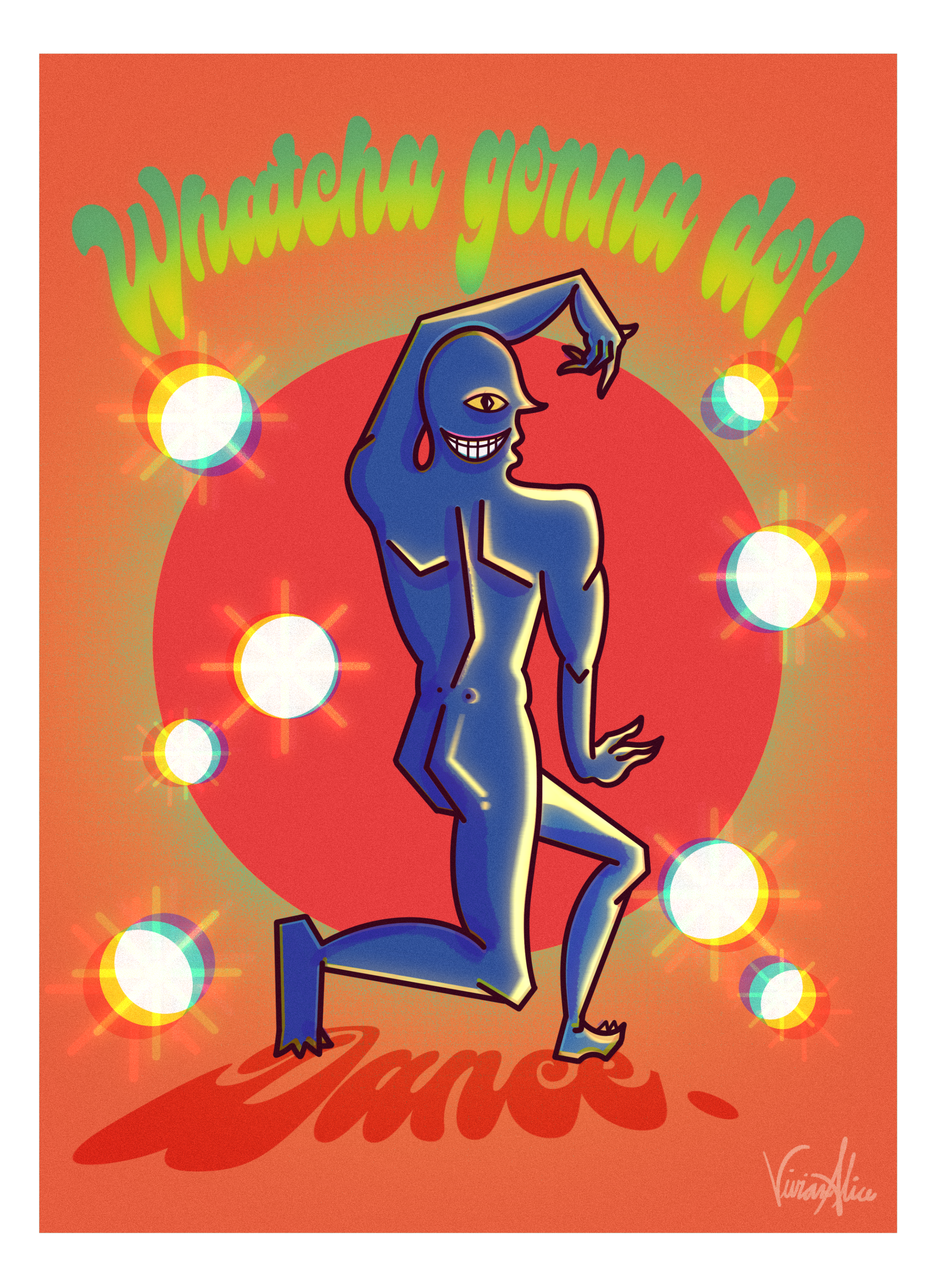 A stylized illustration of a blue demon-like figure with a mischievous smile, standing in front of a red circle and an orange background. The figure has horns, tail, and is holding an eye-shaped object near its head. Arched green text at the top read