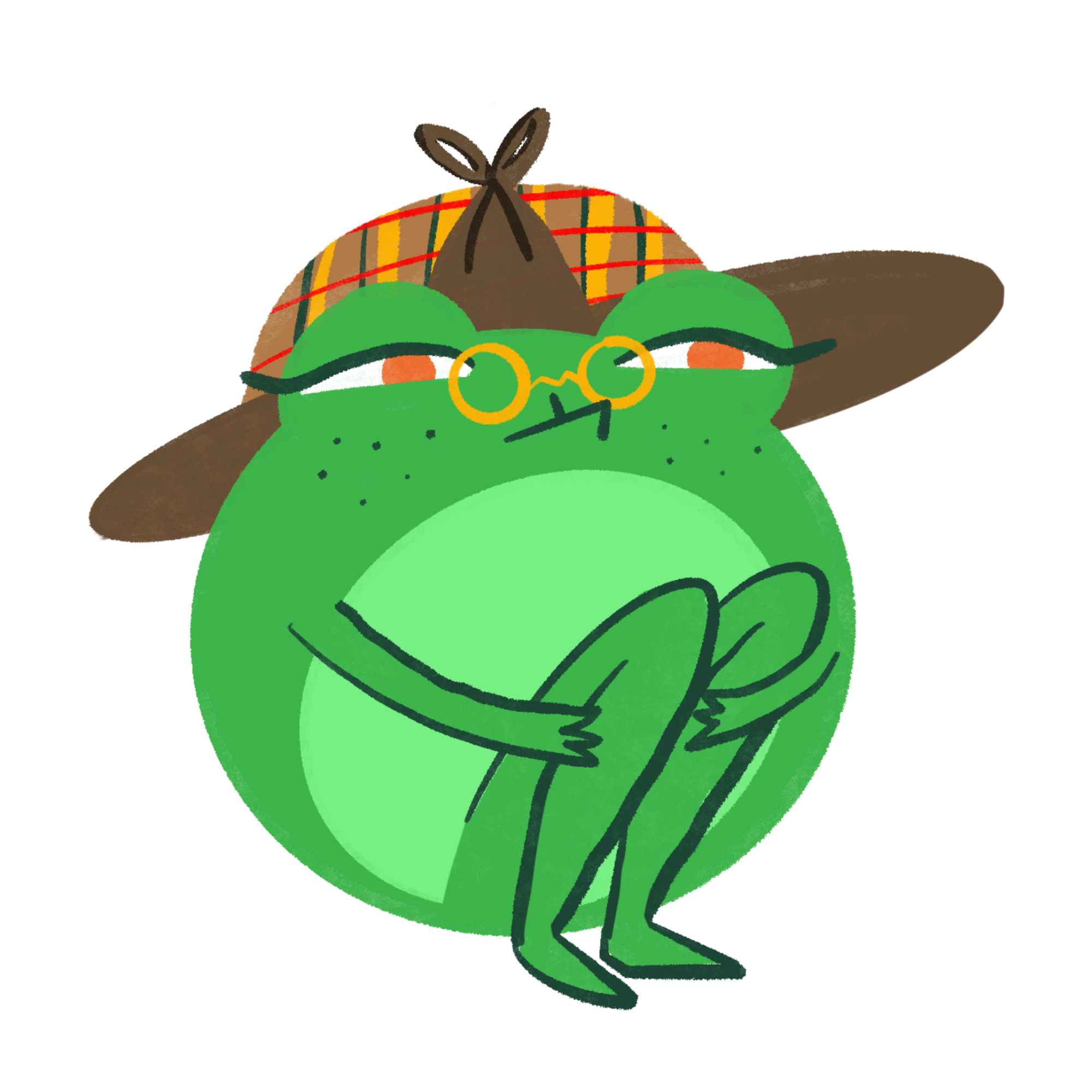 Cartoon image of a green frog wearing glasses and a graduation cap, with crossed arms.