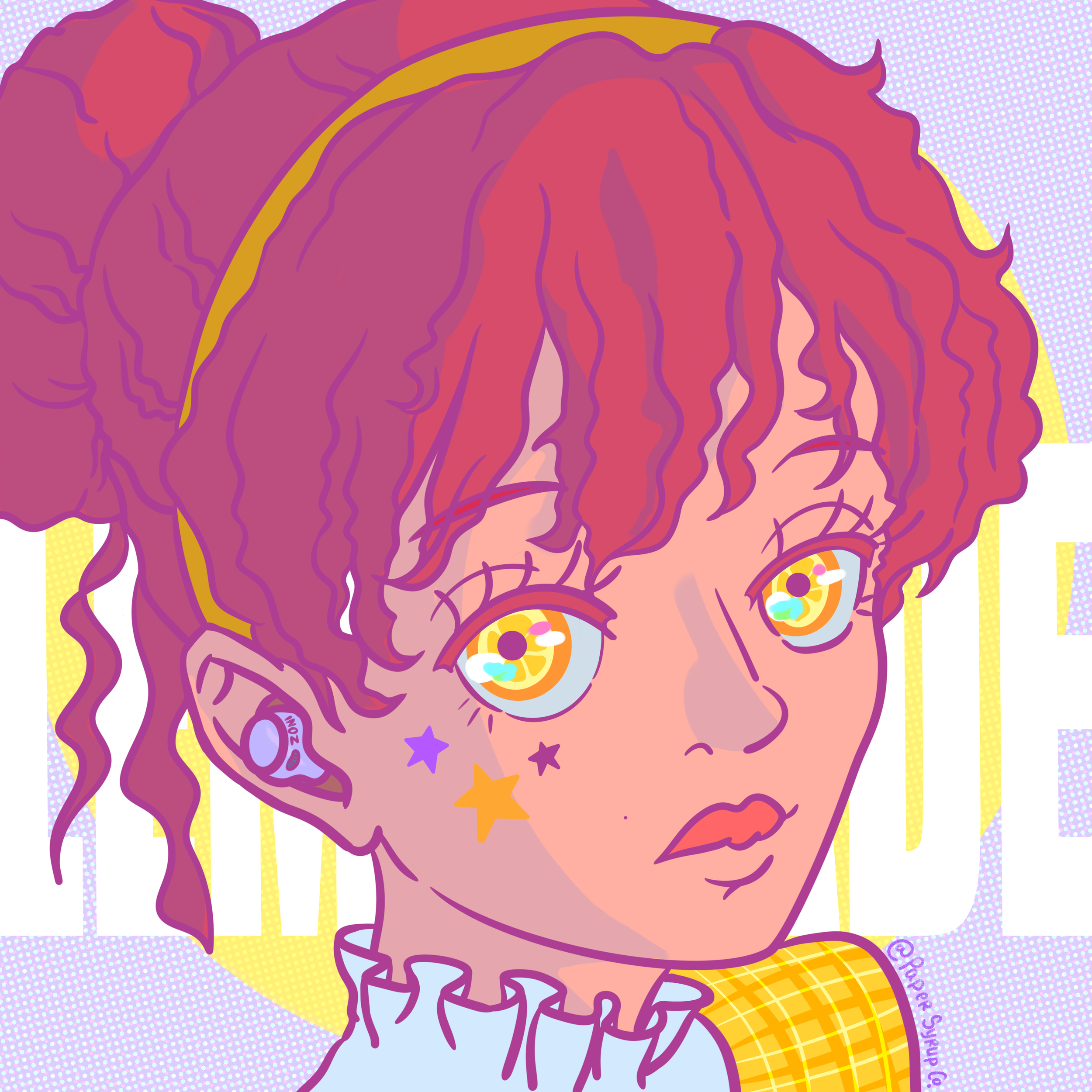 Close-up of a stylized illustration of a person's head with curly hair, wearing headphones, with vibrant colors and patterns.