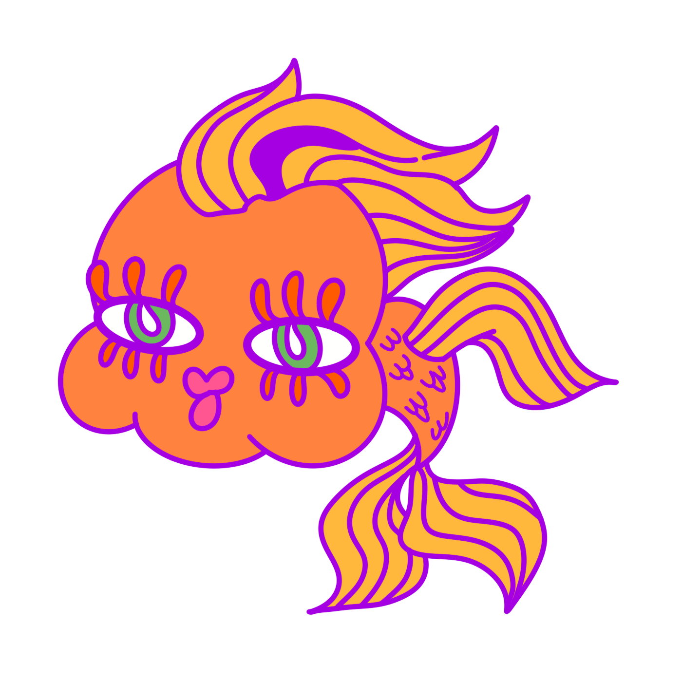 A cartoon fish with a pumpkin-shaped head, orange body, purple outline, and flowing, wavy tail and fins, featuring large purple eyes with green pupils, and a small pink heart-shaped tongue.